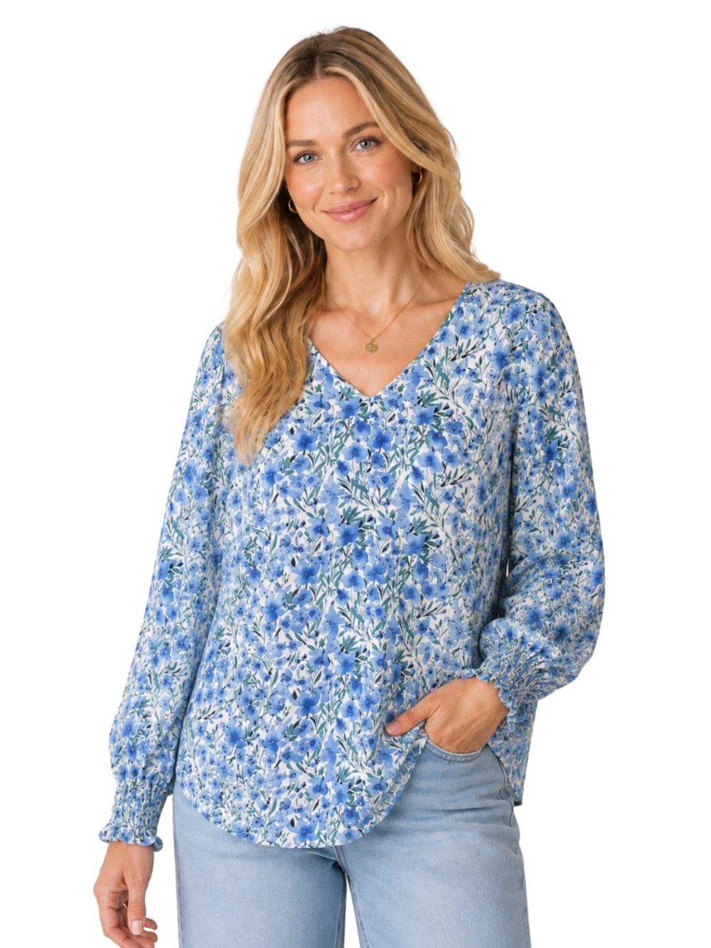 NWT Blue Floral V-Neck Blouse Size L Long Sleeve Smocked Cuff Work Top